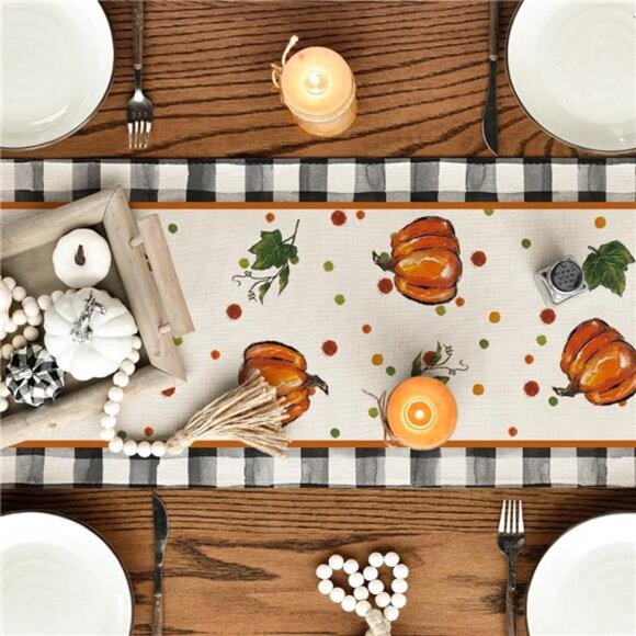 Pumpkin Table Runner Buffalo Plaid Fall Decor Autumn Kitchen Dining Home Party - Picture 4 of 7